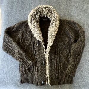 ZARA Man Chunky Cable Knit Faux Fur Collar Cardigan Sweater Jacket Men M Pockets